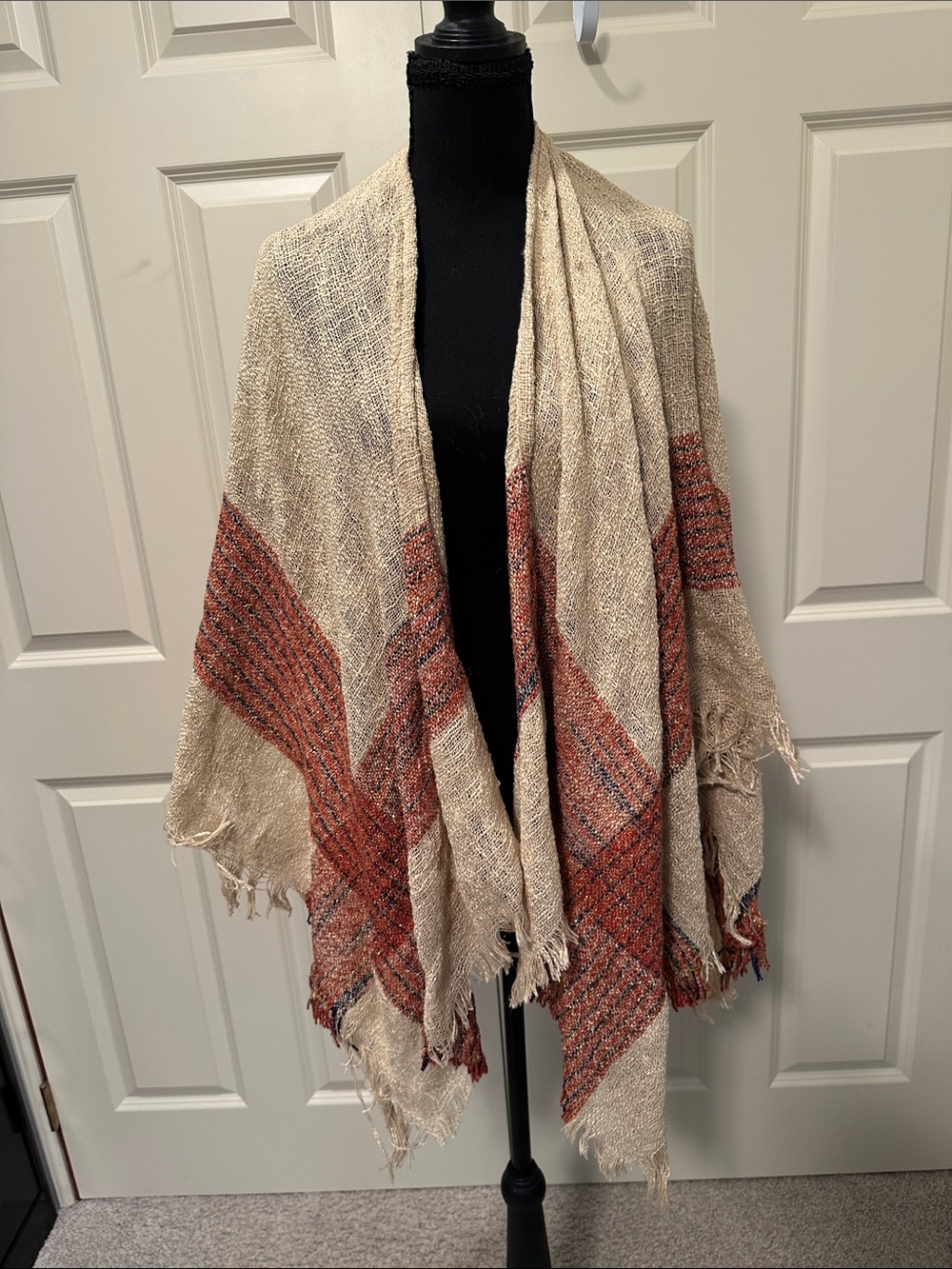 Neutral Beige Shawl with Rust Plaid Accents - Versatile Wrap